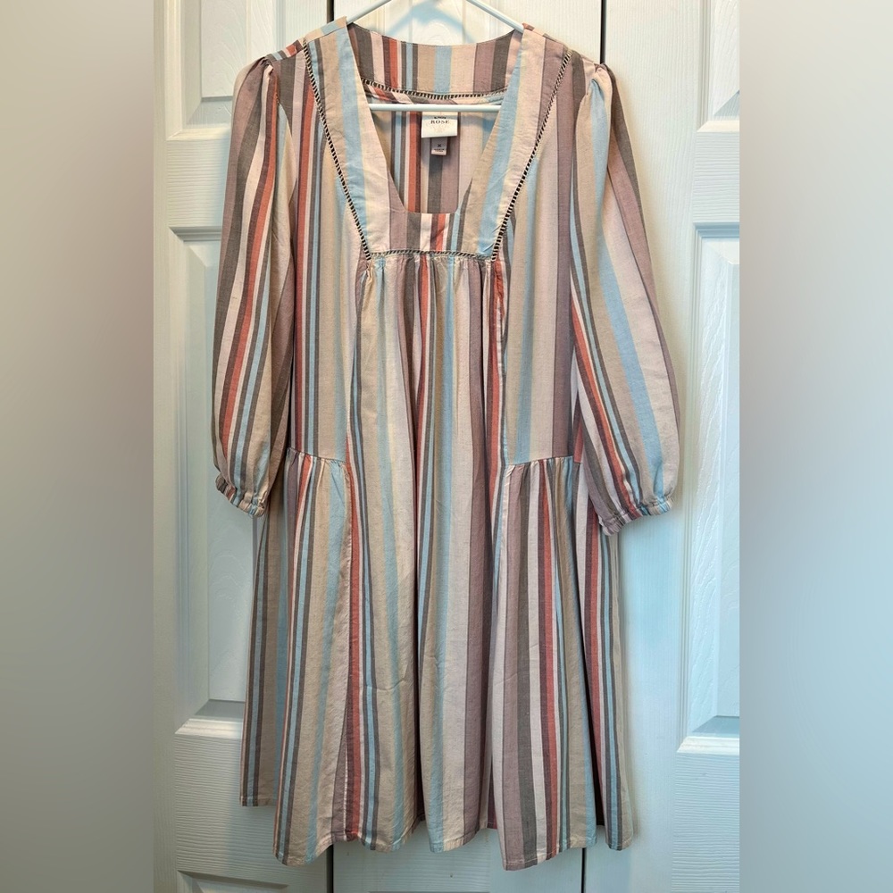 Knox Rose-Striped, Crochet Trim, Linen, Boho, Western, Baby Doll, Dress. Size-M - Picture 7 of 8